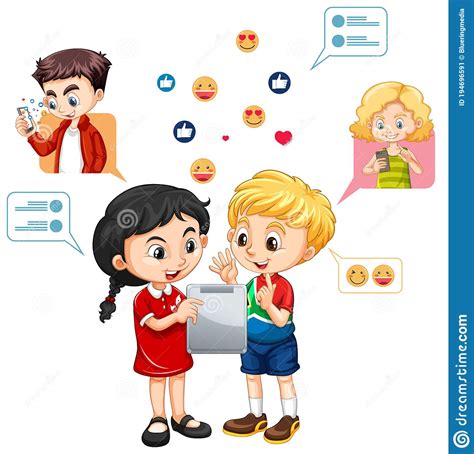 Two Kids Learning On Tablet With Social Media Emoji Icon Cartoon Style