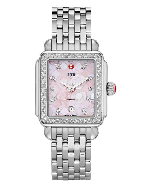 Michele Deco Diamond Pink Motherofpearl Rectangular Bracelet Watch In