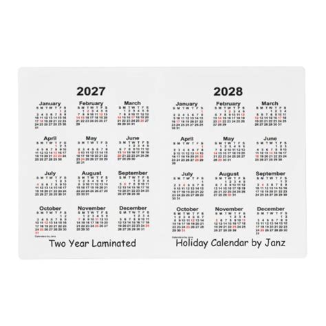 2027 2028 White 2 Year Holiday Calendar By Janz Placemat