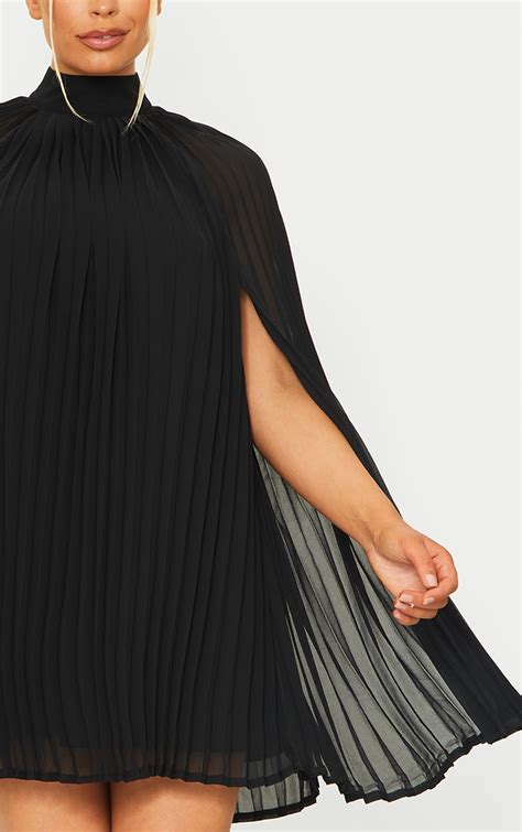 Black Pleated Cape High Neck Shift Dress Prettylittlething Ie