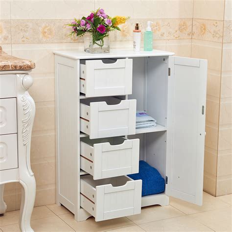 Narrow storage tower cabinet shelf seagrass baskets kitchen. White Wooden 4 Drawer Bathroom Storage Cupboard Cabinet ...