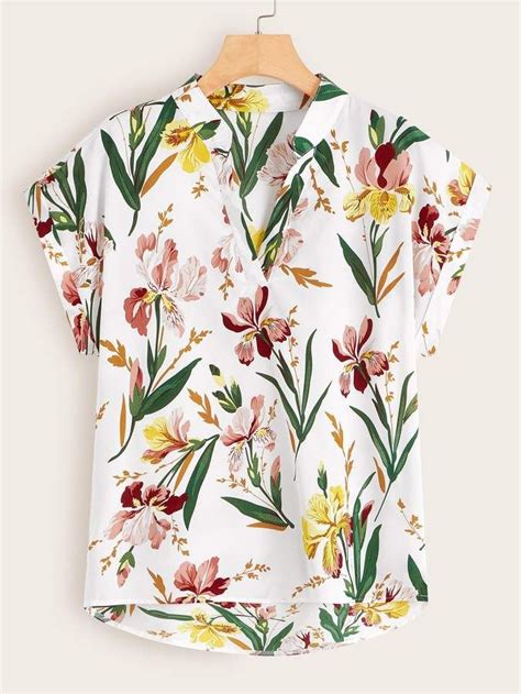 Floral Print High Low V Neck Roll Up Sleeve Blouse Roll Up Sleeves