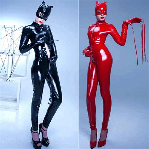 Sexy Catwoman Costume Black Red Cat Zentai Suit Jumpsuit Mask Leather Night Club Henmask By