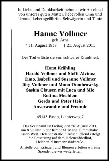 Traueranzeigen Von Hanne Vollmer Trauer In NRW De