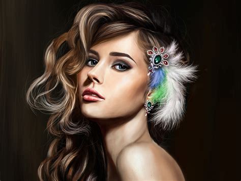 Art Fantasy Girl Beautiful Face Makeup Hair Feathers