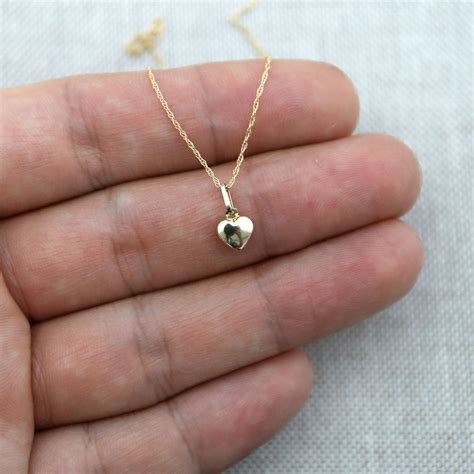 14k Yellow Gold Tiny Puffed Heart Pendant Necklace W Cable Chain