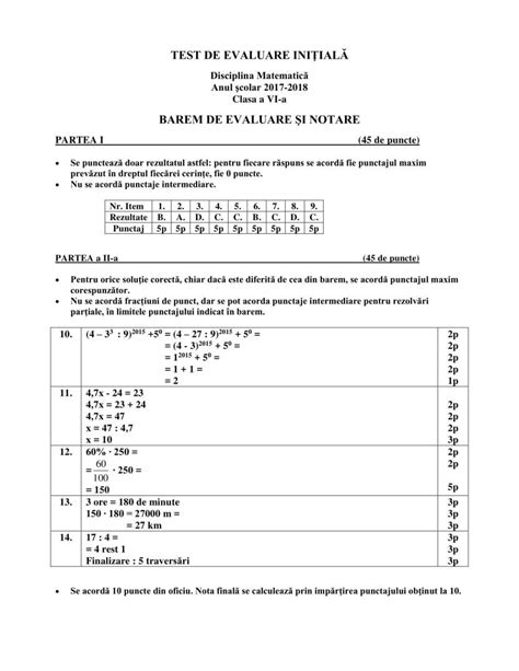 Test Initial Matematica Clasa A 6 A Rezolvare Barem De Corectare Si