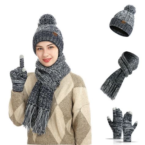 3 Pcs Winter Kint Scarf For Men Women With Touchscreen Gloves Warm Knit Beanie Hat Neck Warmer
