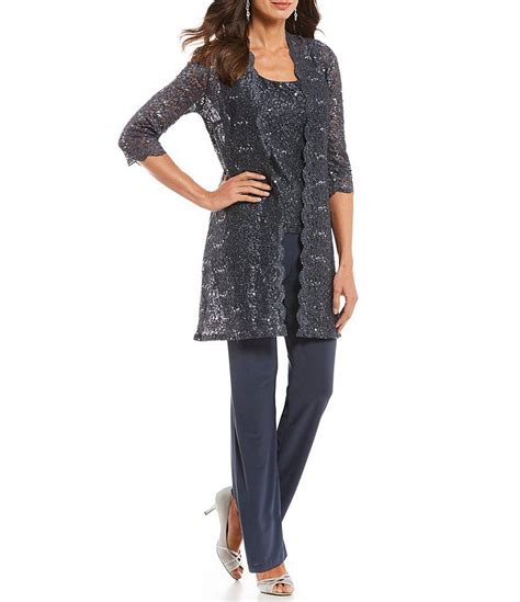 R And M Richards Sequin Glitter Scalloped Lace Scoop Neck 3 4 Sleeve 3 Piece Duster Pant Set