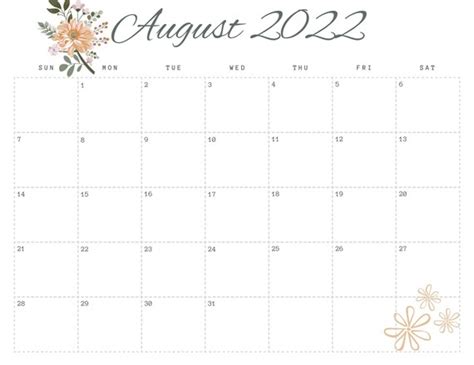 August Printable Calendar August Calender2022 Calendar Etsy