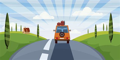 Highway Travel Summer Road Car Cute Landscape Cartoon Style Vector