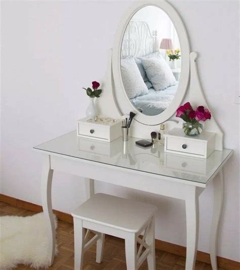 White vanity set includes 1 table, 1 stool and a mirror. IKEA HEMNES WHITE DRESSING TABLE / VANITY DESK WITH MIRROR ...