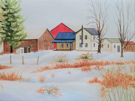 Red Barn In Winter Watercolor Original Farm Scene Winter Scene 12x18