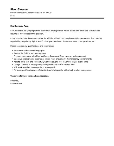 Photographer Cover Letter Velvet Jobs