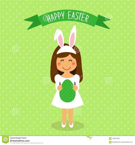 Cute Easter Card With Funny Cartoon Character Of Girl With Egg In Hands