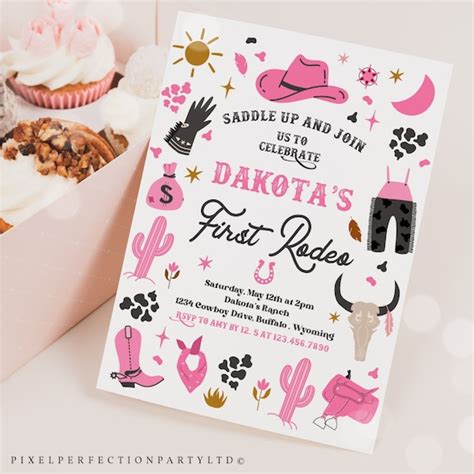 Editable Cowgirl Birthday Party Invitation Hot Pink Wild West Cowgirl 1st Rodeo Birthday Party