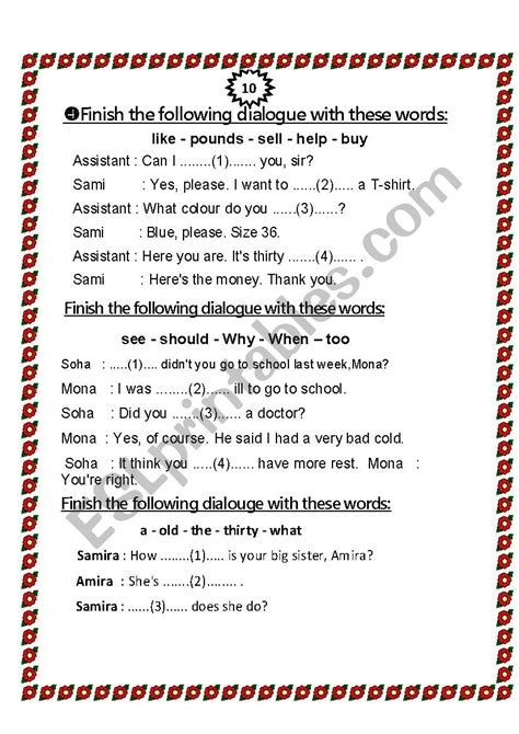 Finish The Following Dialogue With These Words Esl Worksheet By