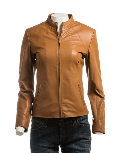Ladies Tan Plain Short Zipped Leather Jacket | Best