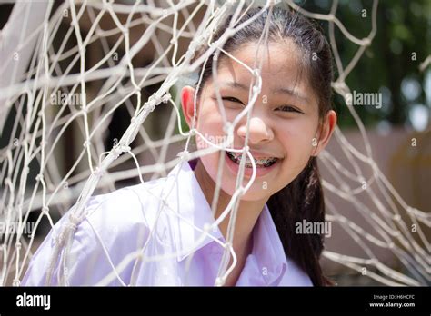 Portrait Of Thai High School Student Uniform Teen Beautiful Girl Happy