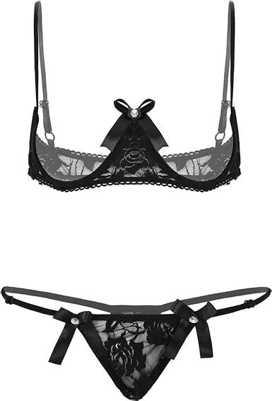 Womens Sheer Lace Lingerie Exposed Breast Half Cup Underwear Shelf Bra G String Sleepwear