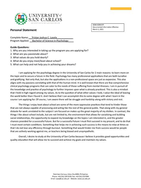 USC Personal Statement Personal Statement Complete Name Tristan