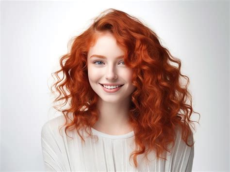 Premium Ai Image Portrait Of Beautiful Cheerful Redhead Girl With Flying Curly Hair Smiling