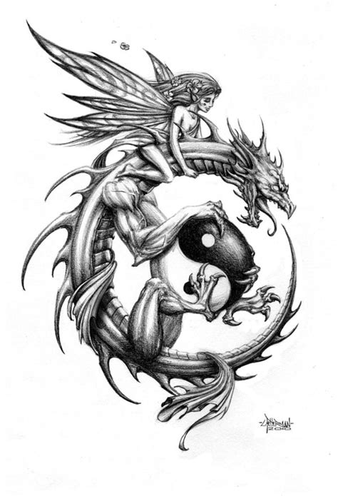 Tender Fairy Riding A Dragon Keeping A Big Yin Yang Symbol Tattoo