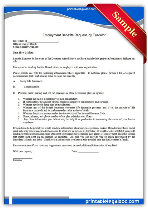 Free Printable Employment Benefits Request Form Generic
