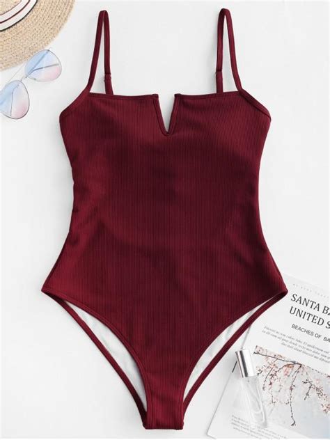 45 Off 2020 Zaful V Wired Ribbed One Piece Swimsuit In Red Wine Zaful
