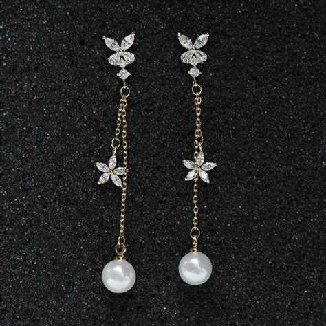 Trendy Cubic Zirconia Flower Drop Earrings Simulated Pearl Dangle Earring Jewelry Bridesmaids