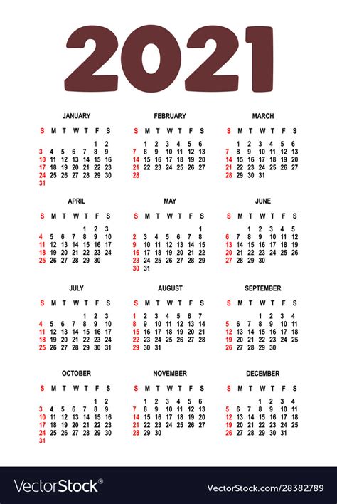 Calendar For 2021 Weeks Start On Sundayisolated Vector Image