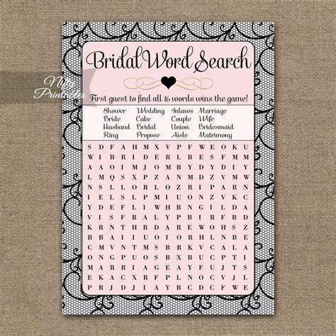 Bridal Shower Word Search Game Pink Black Lace Nifty Printables