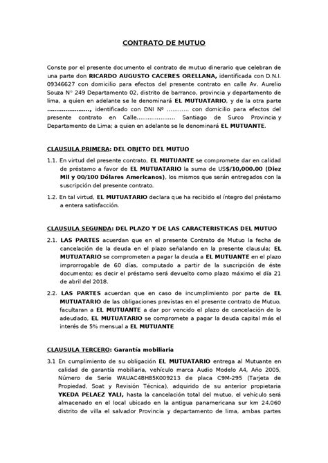 Modelo De Contrato De Mutuo Dinerario Monografías Ensayos De Derecho De Las Obligaciones