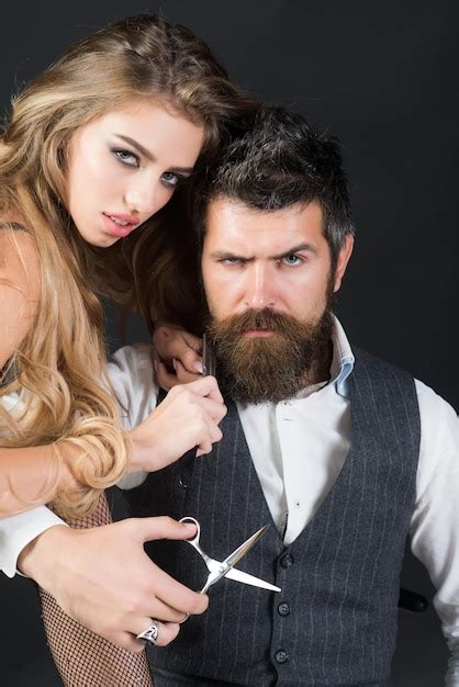 Premium Photo Bearded Man And Sexy Woman With Long Curly Hair Couple In Love At Hairdresser