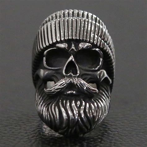 316l Stainless Steel Punk Big Beard Wear Hat Skull Ring Old Etsy