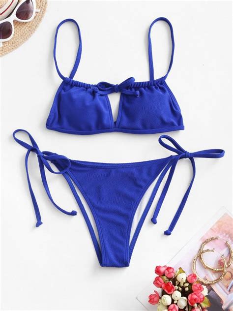 80 Off 2021 Zaful Ribbed Tie String Bikini Swimwear In Blueberry Blue Zaful