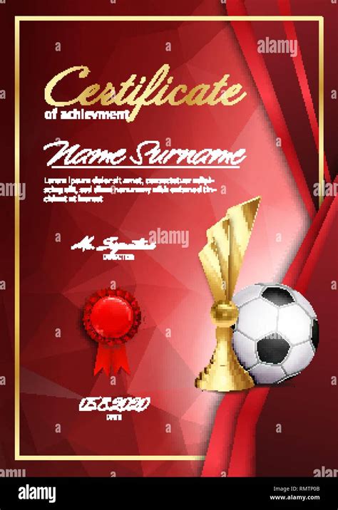 Soccer Certificate Diploma With Golden Cup Vector Sport Graduate