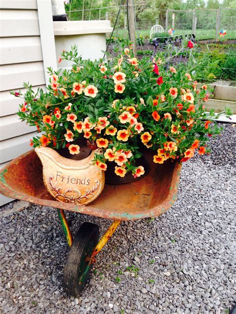 Old Wheel Barrel With Basket Of Flowers Yard Decor Garden And Yard