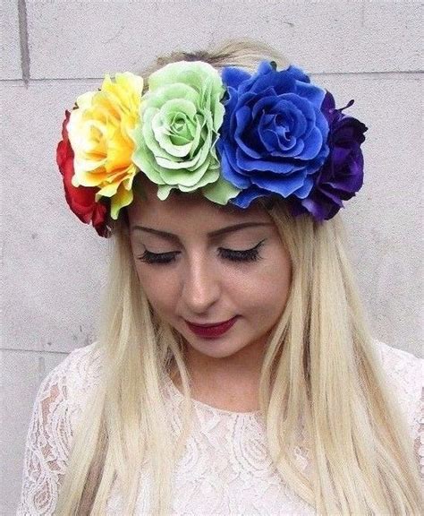 Large Rainbow Rose Flower Garland Headband Hair Crown Band Etsy