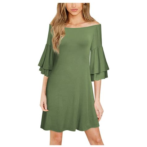 Mnycxen Womens Dresses Womens Fashion Off Shoulder Long Flare Sleeve Solid Color Casual Mini