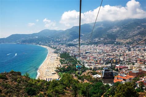 Aerial View From Cableway Of Beautiful Blue Gulf Of Antalya And Popular