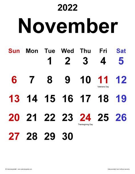 November 2022 Calendar Page