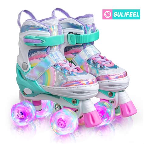 Sulifeel Rainbow Unicorn 4 Size Adjustable Light Up Roller Skates For