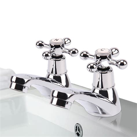 2x Cross Head Taps Twin Hot And Cold Traditional Bathroom Basin And Sink