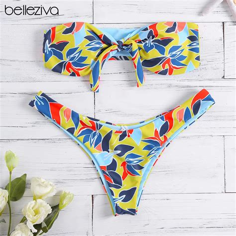 belleziva sexy push up padded bikini set polyamide printed wrap bandage bathing suit women low