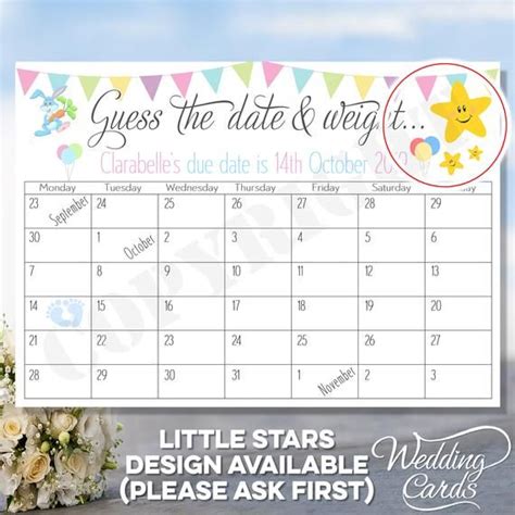 Expand the joy of expecting a child with friends and family from around the globe. Personalised Guess the date and weight Baby Calendar Due Date Boy Girl Twins Shower Party ...