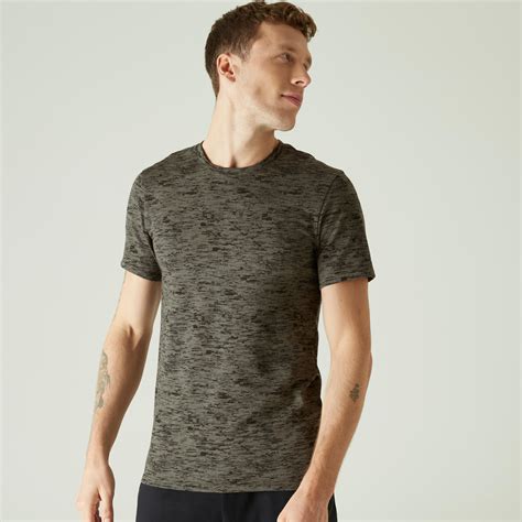Men Cotton Blend Gym T Shirt Slim Fit 500 Khaki Print