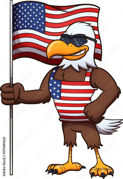 Cool Bald American Eagle With Flag Vector Clip Art Illustration With