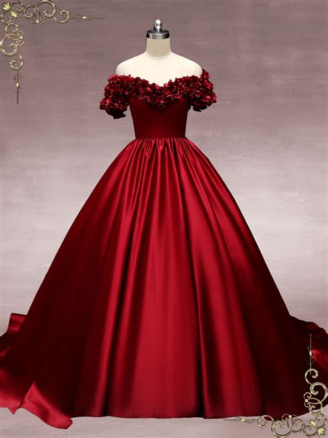 Dark Red Off The Shoulder Ball Gown Wedding Dress With Roses Murina Dark Red Wedding Dress Red