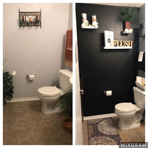 Two Pictures Of A Bathroom With Black Walls And White Fixtures